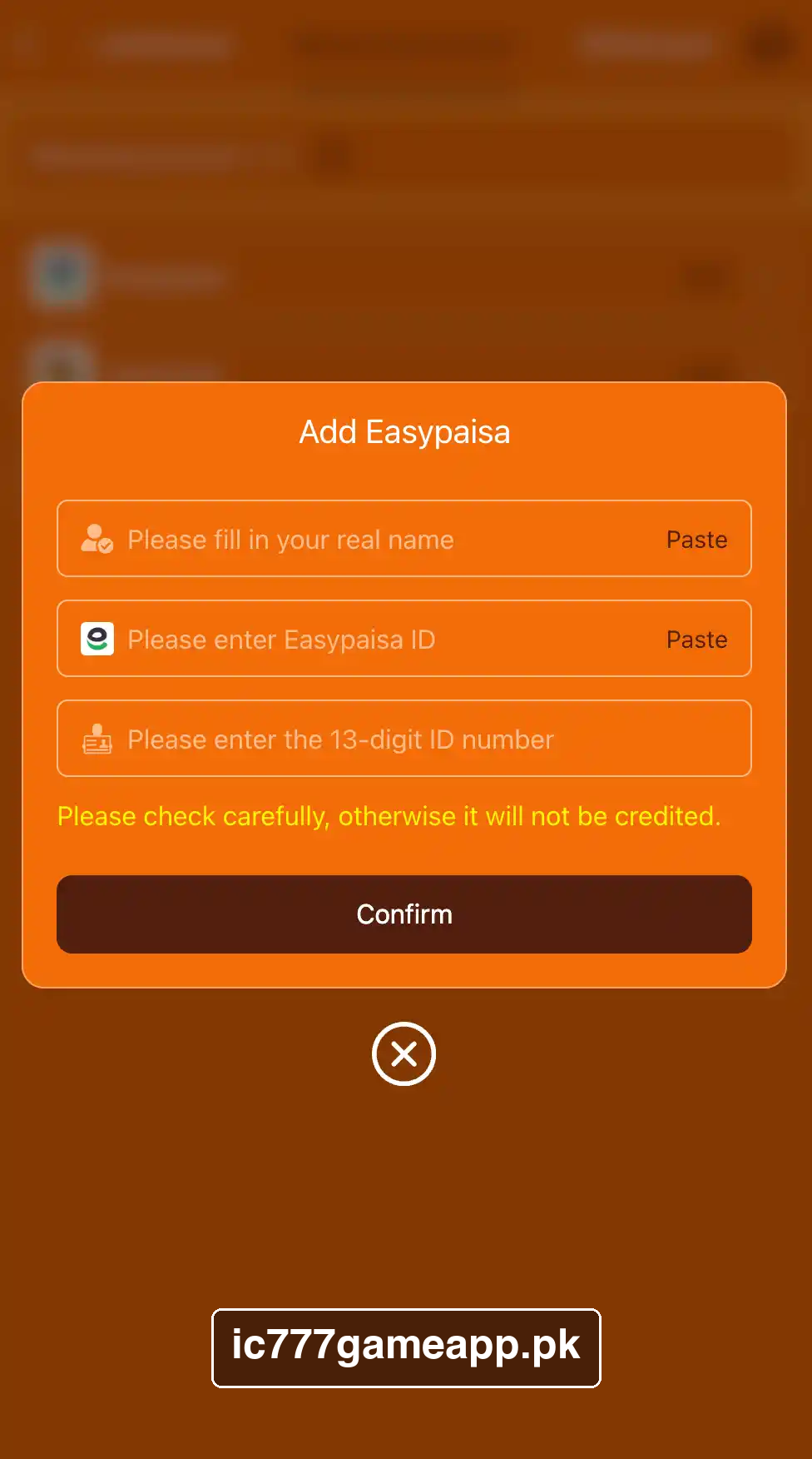 IC777 Easypaisa account form