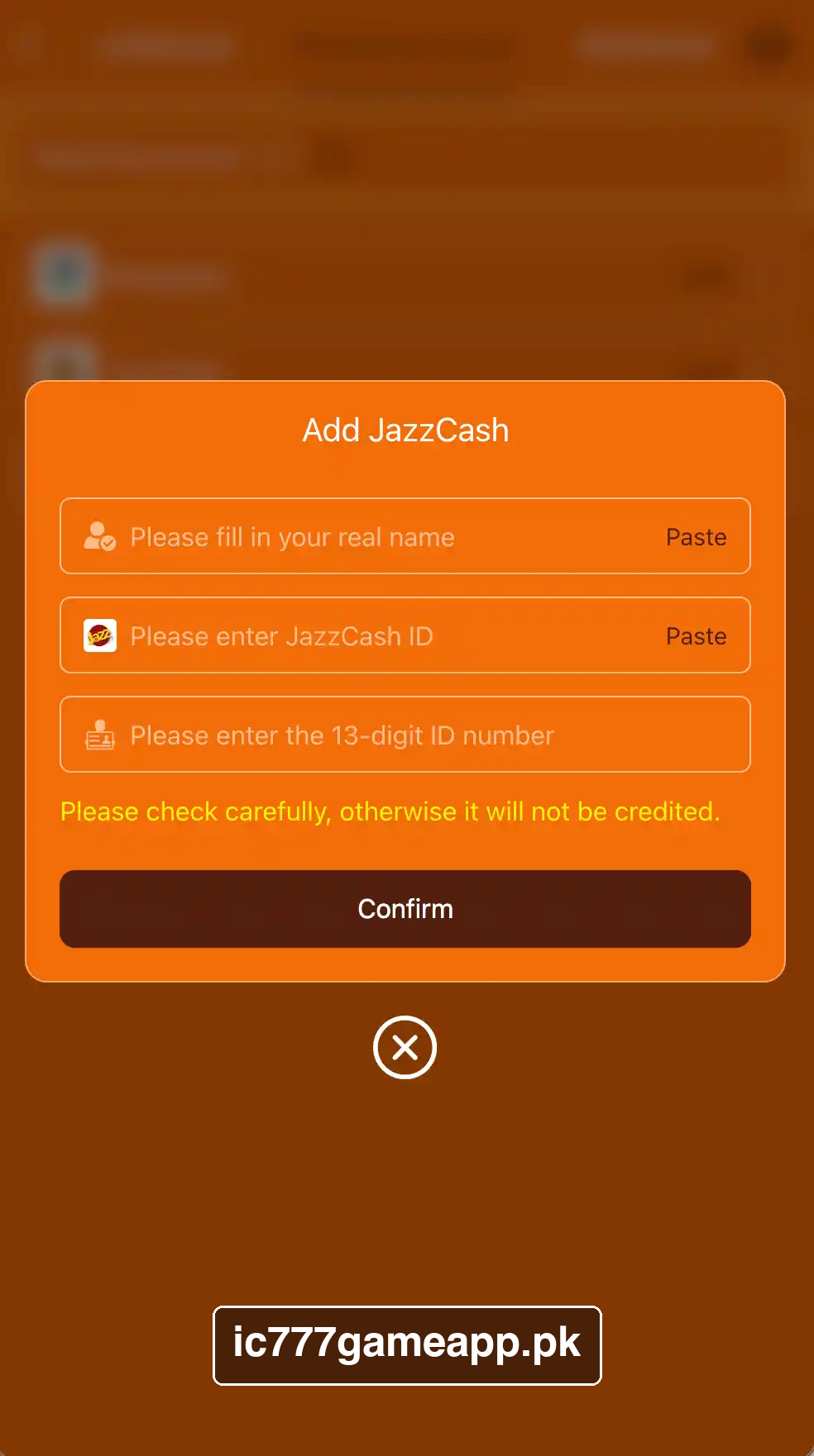 IC777 JazzCash account form